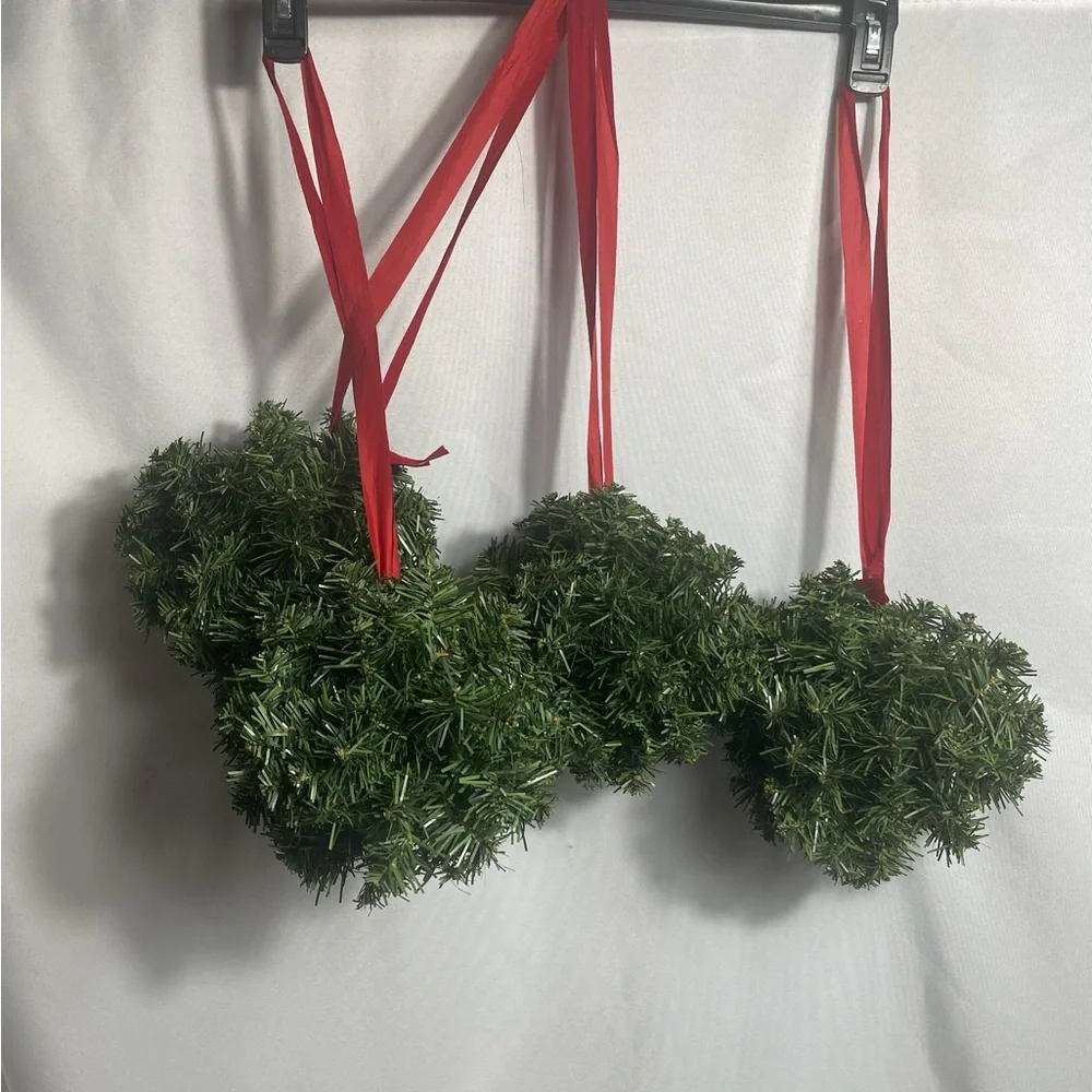 Set of 4 Mini Round Artificial Christmas Wreaths on Red Velvet Hanging Ribbons